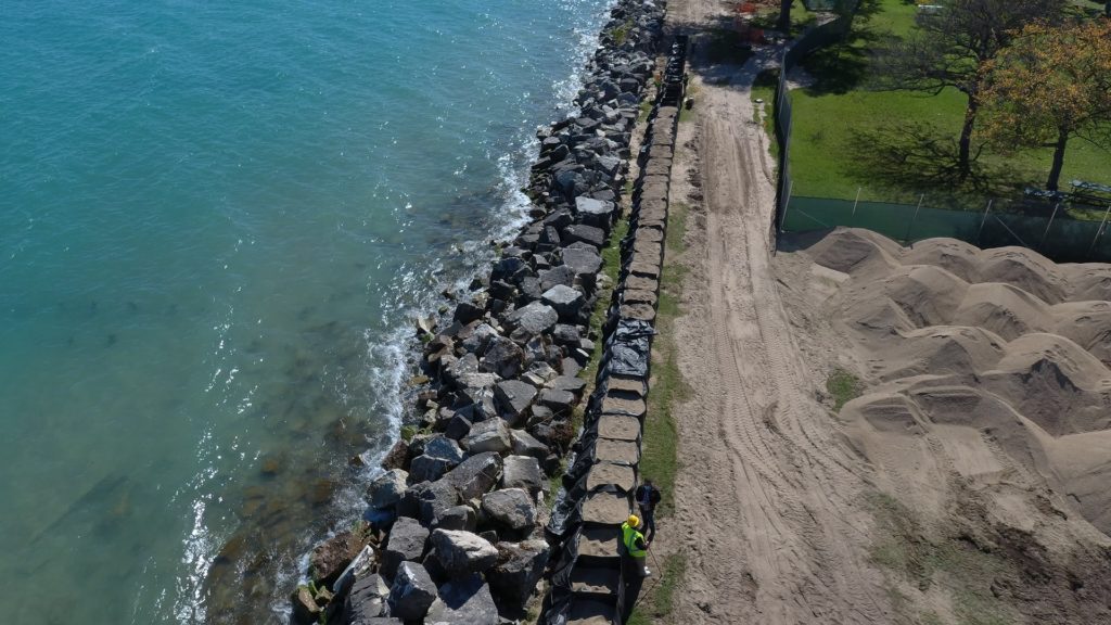 TrapBag seawall with rip rap along lake michigan