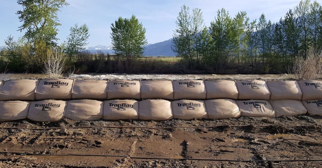 Trap bags used as a levee for flood prevention.