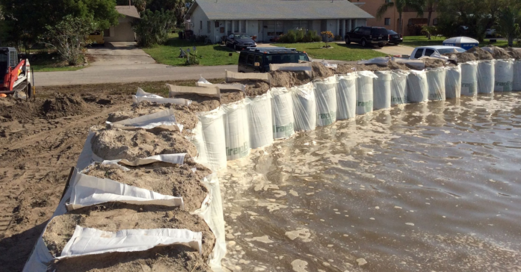 TrapBag flood barrier in residential neighborhood