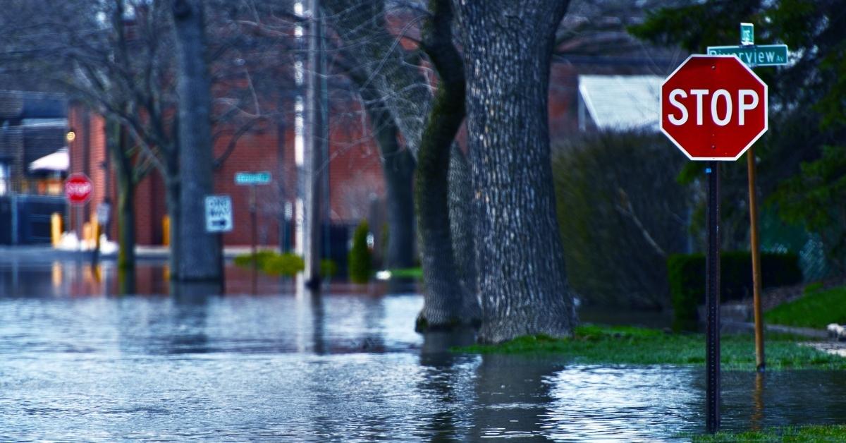 Flooded street with stop sign and street signs visible